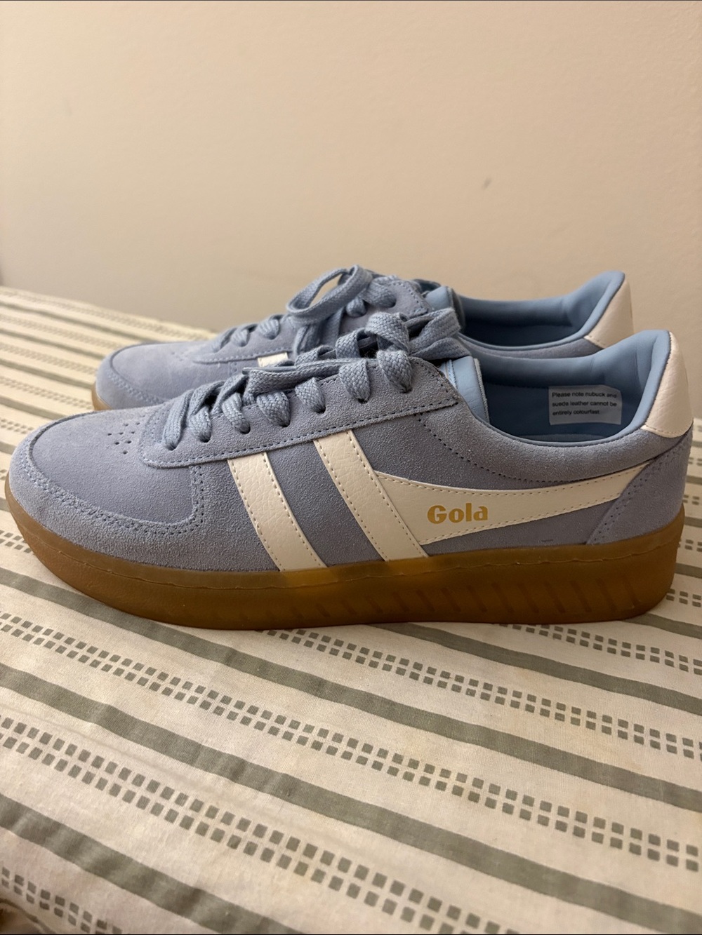 Gola Women's Light Blue Suede Sneakers with White Stripes and Gum Sole